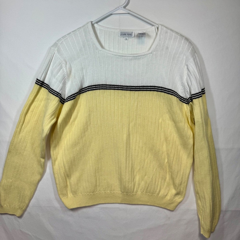 Jeanne Pierre Cotton Knit Sweater Striped Color Block Top White‎ Yellow Sz Large